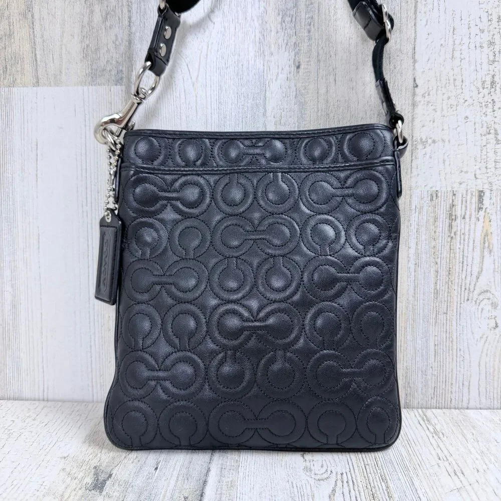 Authentic COACH Black Embossed Leather Op Art Crossbody Flight Bag
